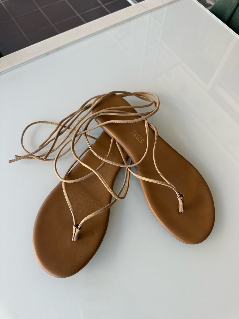 TKEES Lilu Lace-Up Leather Sandals in Cocobutter size 9